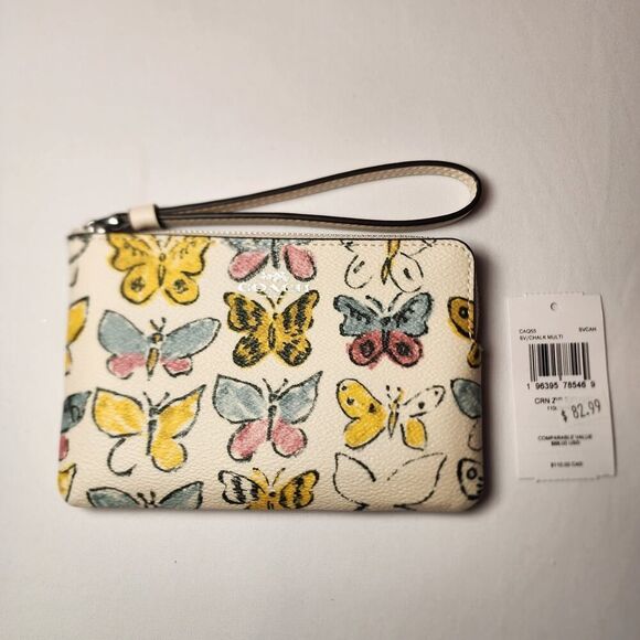 NWT Coach CAQ55 Corner Zip Wristlet Chalk Yellow Butterfly Printed Canvas V1 - Picture 1 of 3